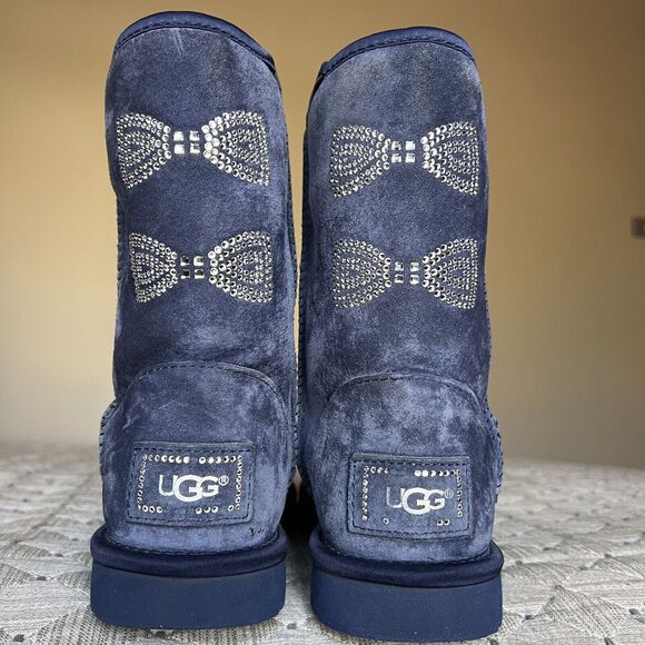 UGG Classic Short Swarovski Crystal Bow Boot Blue Suede Women 6 Sheepskin Cozy - Picture 11 of 16